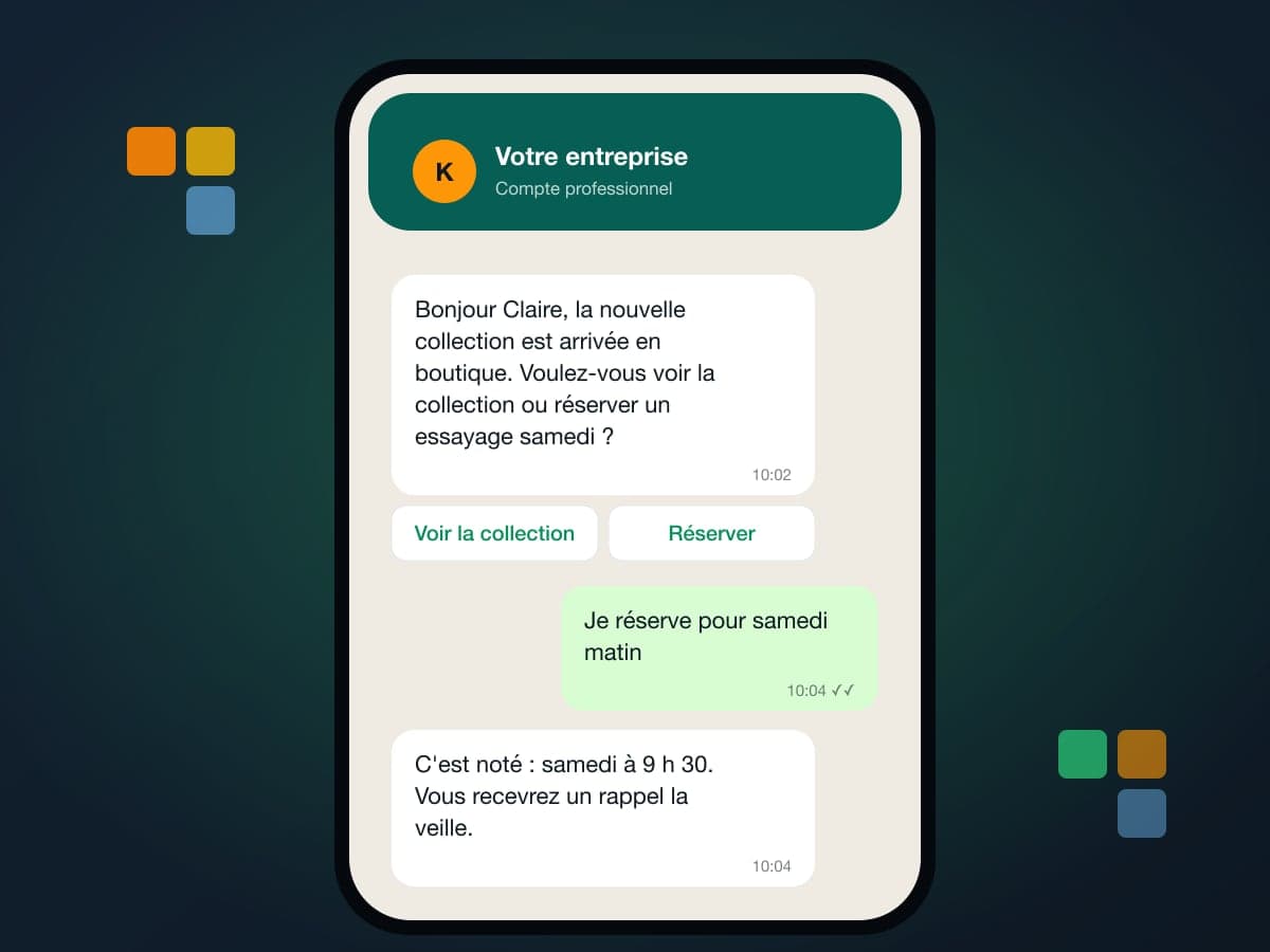Exemple de conversation WhatsApp professionnelle avec boutons Voir la collection et Réserver