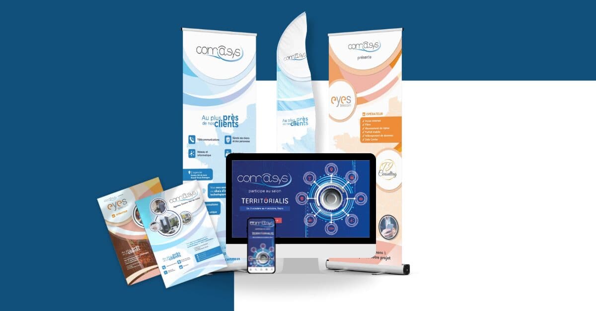 Supports de communication Comasys pour le salon Territorialis : roll-ups, plaquettes, écran et mobile