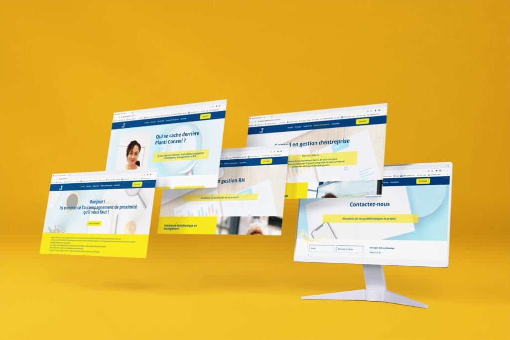 Un fond jaune avec plusieurs moniteurs affichant un site Web.