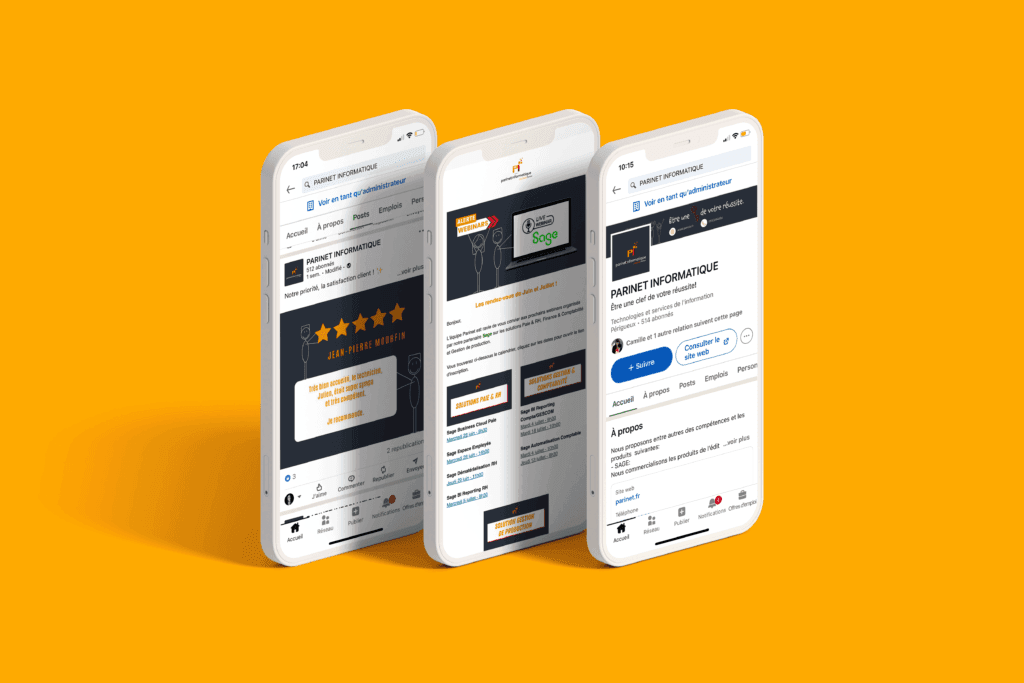Trois iPhones Parinet Informatique affichant un site internet sur fond orange.