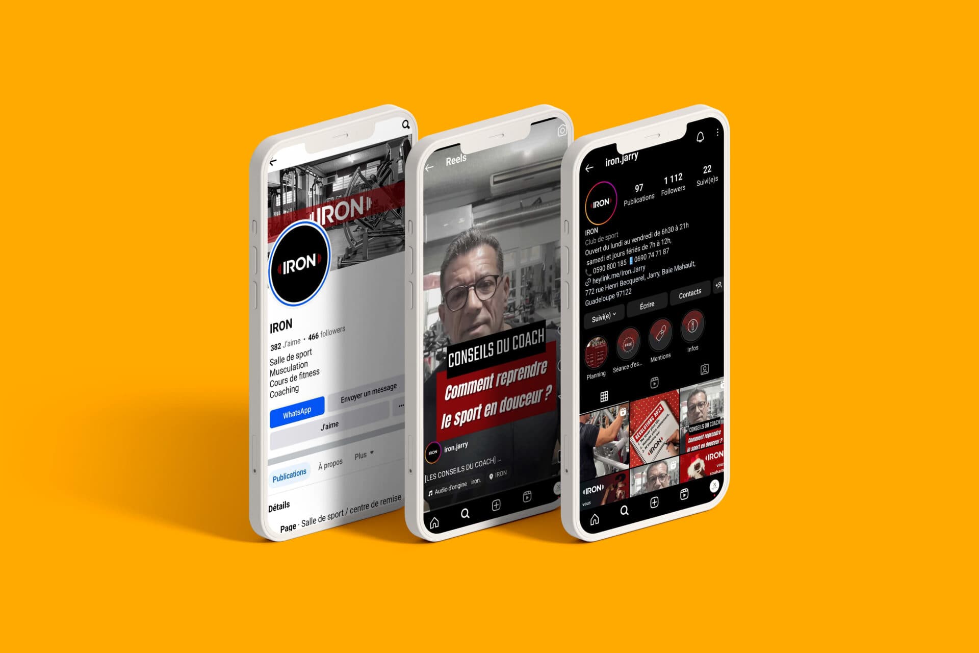 Réseaux sociaux de la salle de sport IRON présentés sur trois smartphones