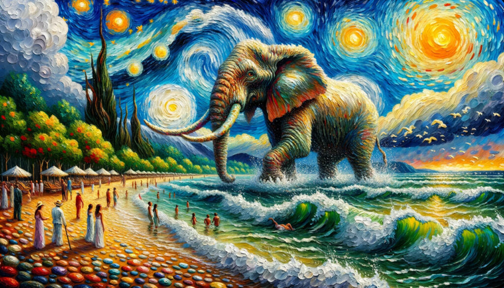 Un tableau d'un éléphant sur la plage sous un ciel étoilé. IA, Intelligence artificielle Communication